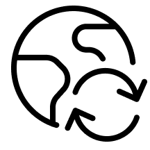 Minimalistisches Icon, das eine Weltkugel mit zwei Pfeilen darstellt, die einen Kreislauf bilden. Symbolisiert Nachhaltigkeit, Recycling und Umweltbewusstsein.